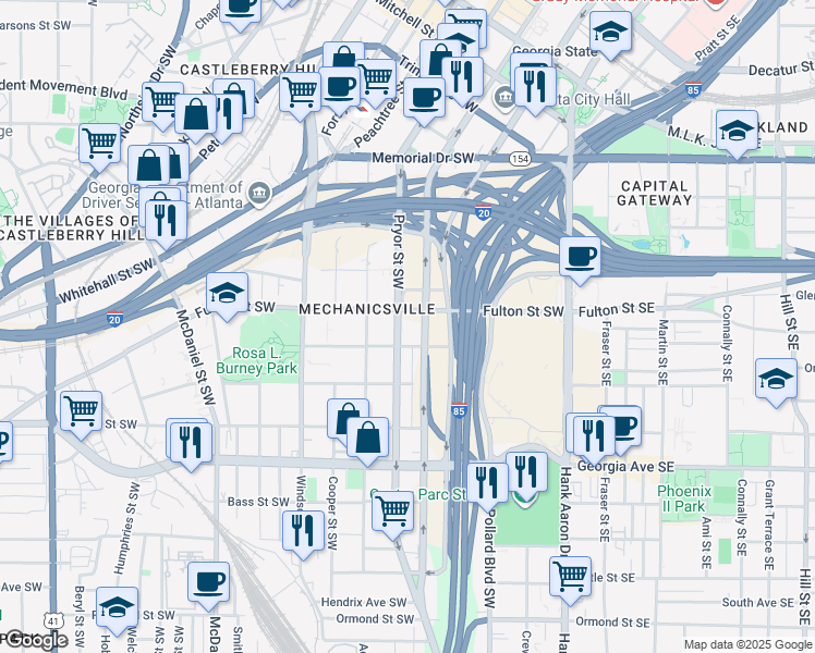 map of restaurants, bars, coffee shops, grocery stores, and more near 502 Pryor Street Southwest in Atlanta