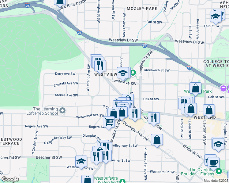 map of restaurants, bars, coffee shops, grocery stores, and more near 1485 Stokes Avenue Southwest in Atlanta