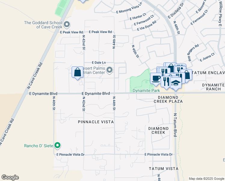 map of restaurants, bars, coffee shops, grocery stores, and more near 4344 East Dynamite Boulevard in Cave Creek