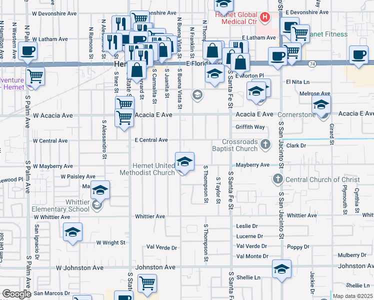 map of restaurants, bars, coffee shops, grocery stores, and more near 440 South Buena Vista Street in Hemet