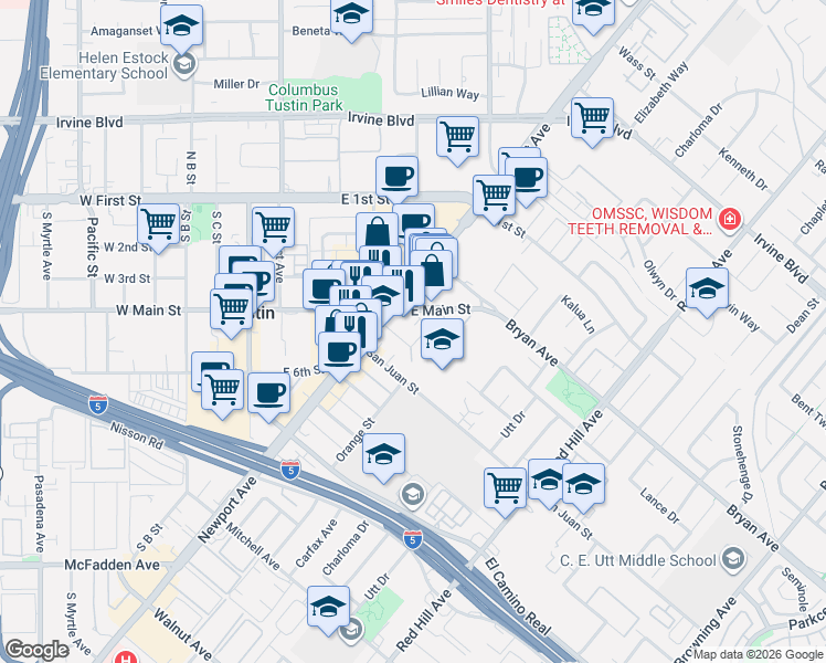 map of restaurants, bars, coffee shops, grocery stores, and more near 1075 Andrews Street in Tustin