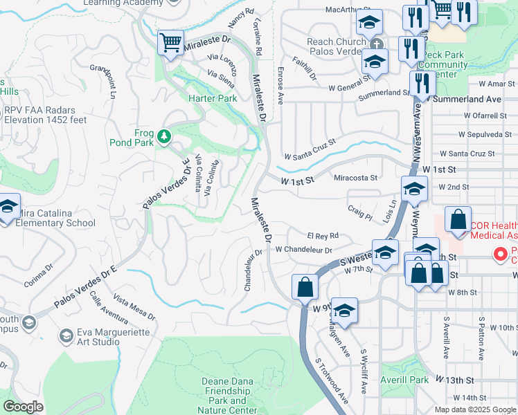 map of restaurants, bars, coffee shops, grocery stores, and more near 30417 Miraleste Drive in Rancho Palos Verdes