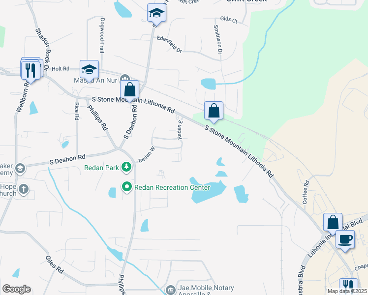 map of restaurants, bars, coffee shops, grocery stores, and more near 1724 Redan East in Lithonia