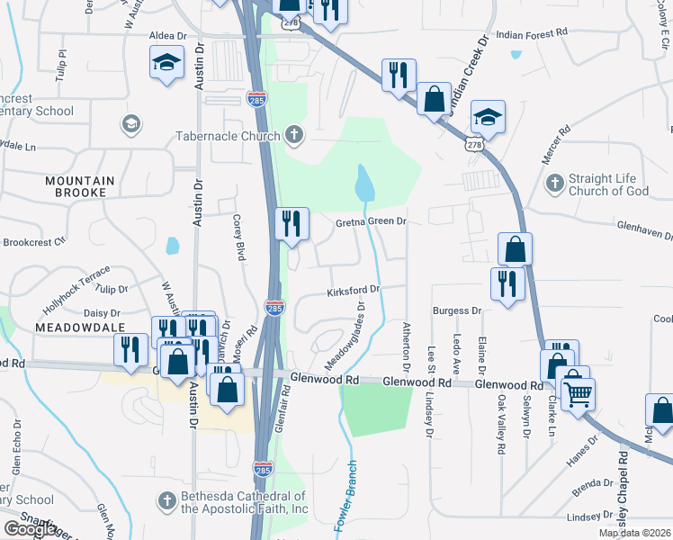 map of restaurants, bars, coffee shops, grocery stores, and more near 1721 Camperdown Place in Decatur