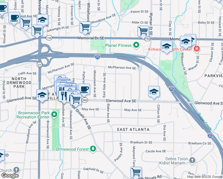map of restaurants, bars, coffee shops, grocery stores, and more near 463 Blake Avenue Southeast in Atlanta