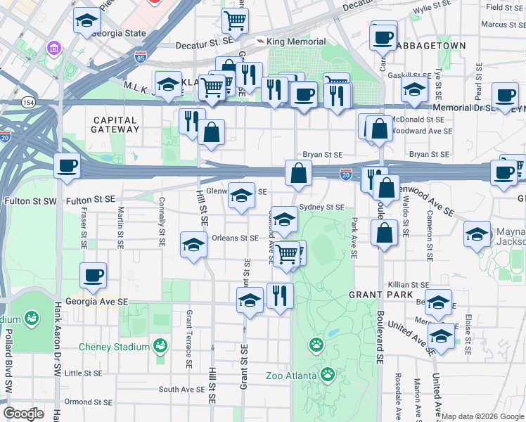map of restaurants, bars, coffee shops, grocery stores, and more near 499 Oakland Avenue Southeast in Atlanta