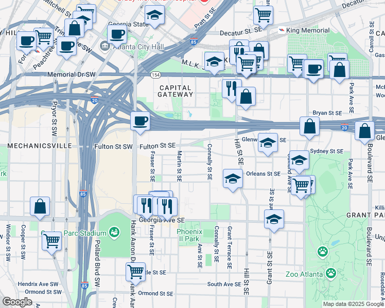 map of restaurants, bars, coffee shops, grocery stores, and more near 139 Fulton Street Southeast in Atlanta