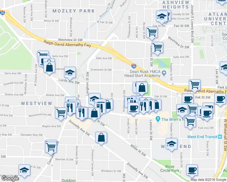 map of restaurants, bars, coffee shops, grocery stores, and more near 513 Atwood Street Southwest in Atlanta
