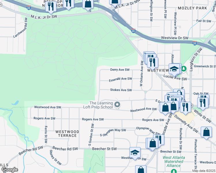 map of restaurants, bars, coffee shops, grocery stores, and more near 1735 Stokes Avenue Southwest in Atlanta