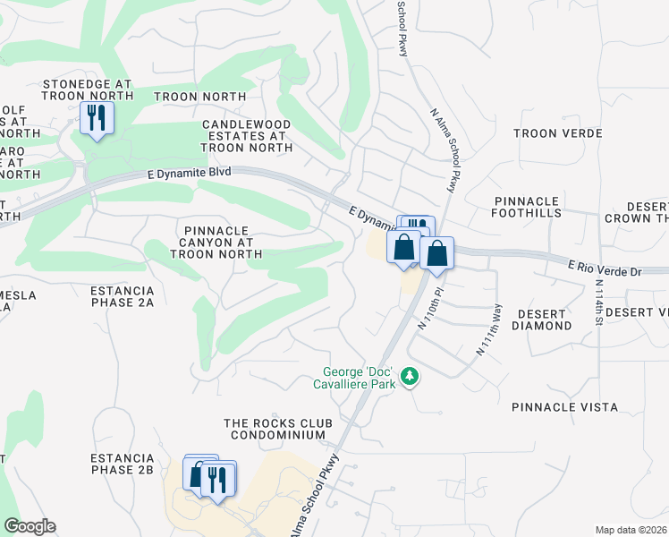 map of restaurants, bars, coffee shops, grocery stores, and more near 28158 North 108th Way in Scottsdale