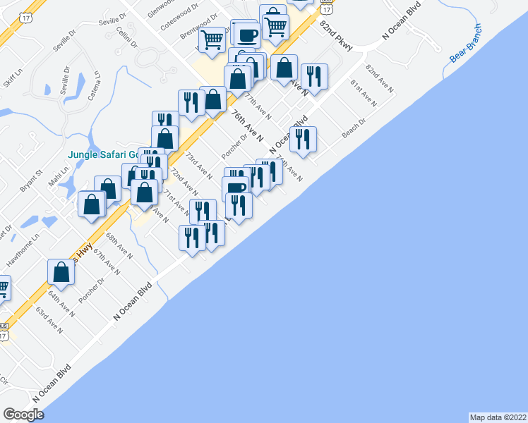 map of restaurants, bars, coffee shops, grocery stores, and more near 201 74th Avenue North in Myrtle Beach