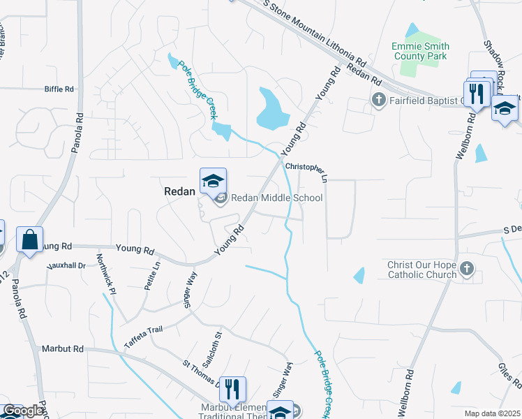 map of restaurants, bars, coffee shops, grocery stores, and more near 5742 Hilton Ridge Road in Lithonia
