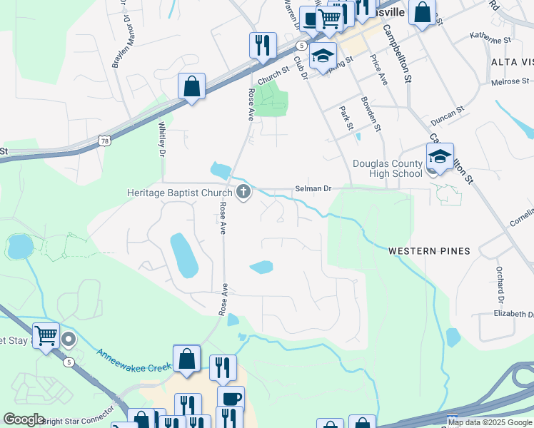 map of restaurants, bars, coffee shops, grocery stores, and more near 8833 West Hills Court in Douglasville
