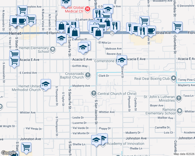 map of restaurants, bars, coffee shops, grocery stores, and more near 26200 San Jacinto Street in Hemet