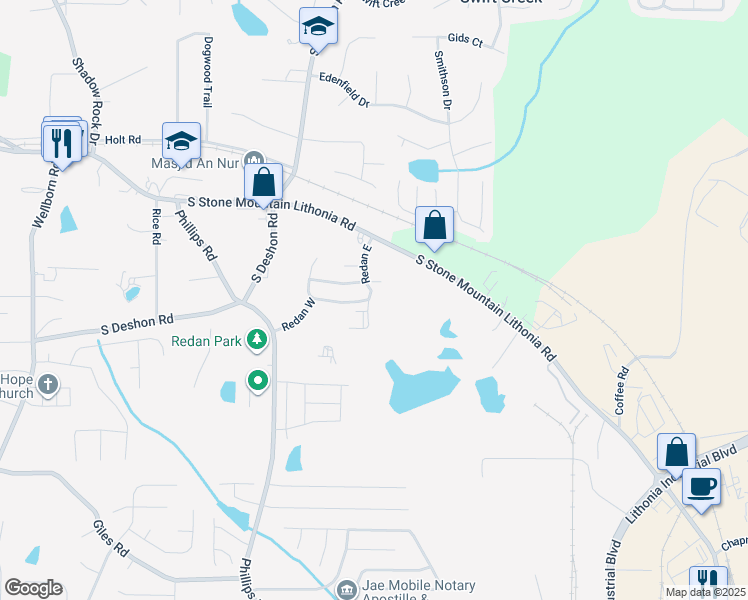 map of restaurants, bars, coffee shops, grocery stores, and more near 1724 Redan East in Lithonia