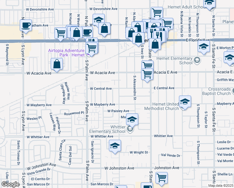 map of restaurants, bars, coffee shops, grocery stores, and more near 435 South Gilbert Street in Hemet