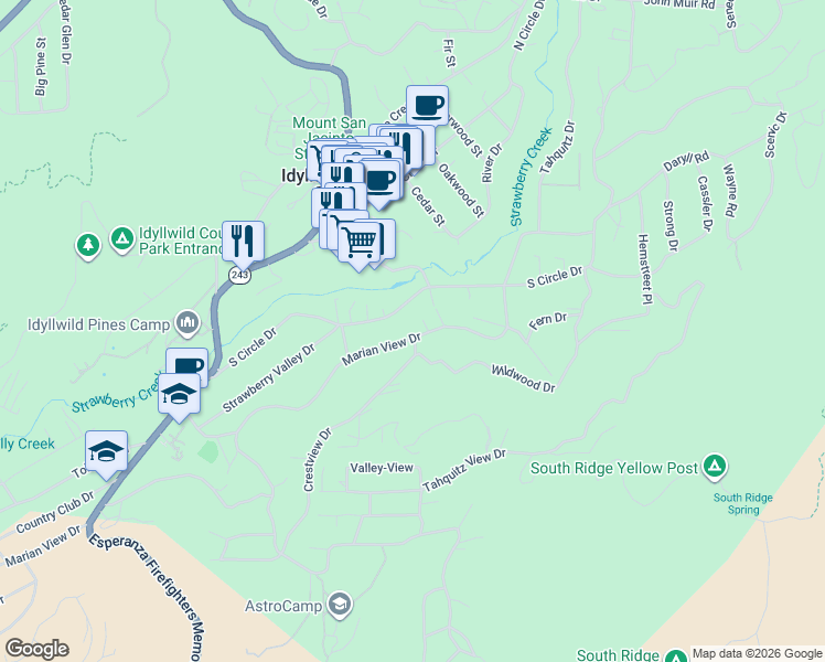 map of restaurants, bars, coffee shops, grocery stores, and more near 54450 Marian View Drive in Idyllwild-Pine Cove