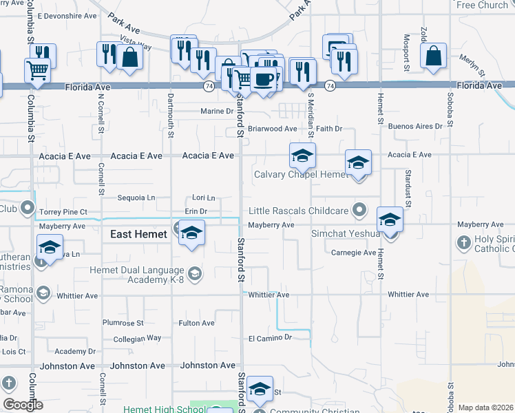 map of restaurants, bars, coffee shops, grocery stores, and more near 41830 Vanchelle Court in Hemet