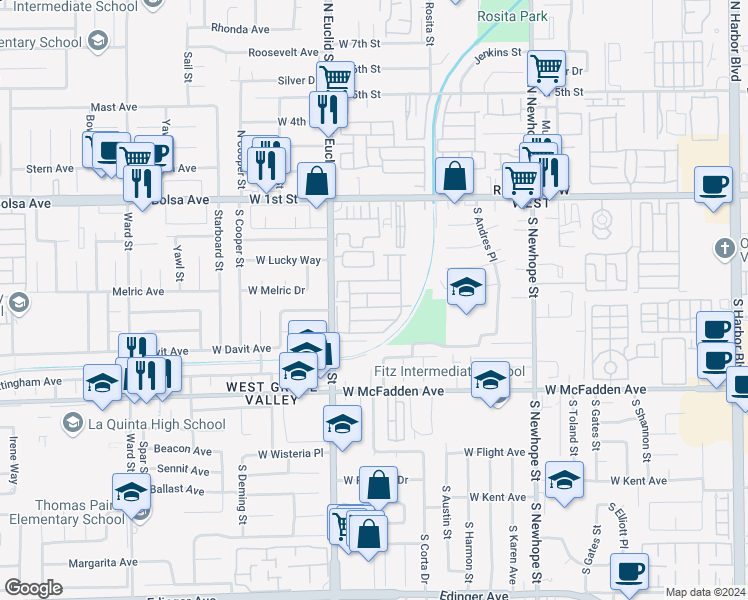map of restaurants, bars, coffee shops, grocery stores, and more near 507 South Euclid Street in Santa Ana