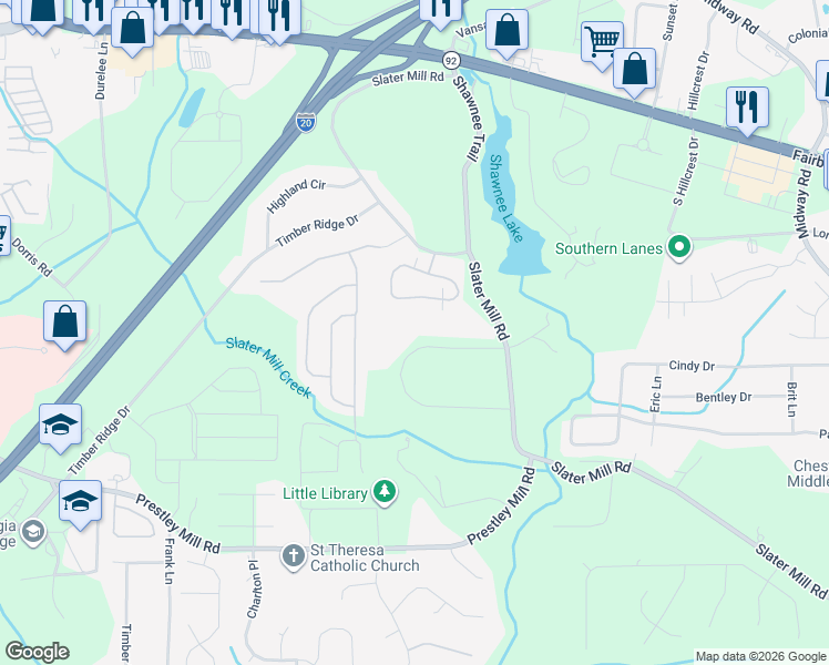 map of restaurants, bars, coffee shops, grocery stores, and more near 5329 Slater Mill Circle in Douglasville