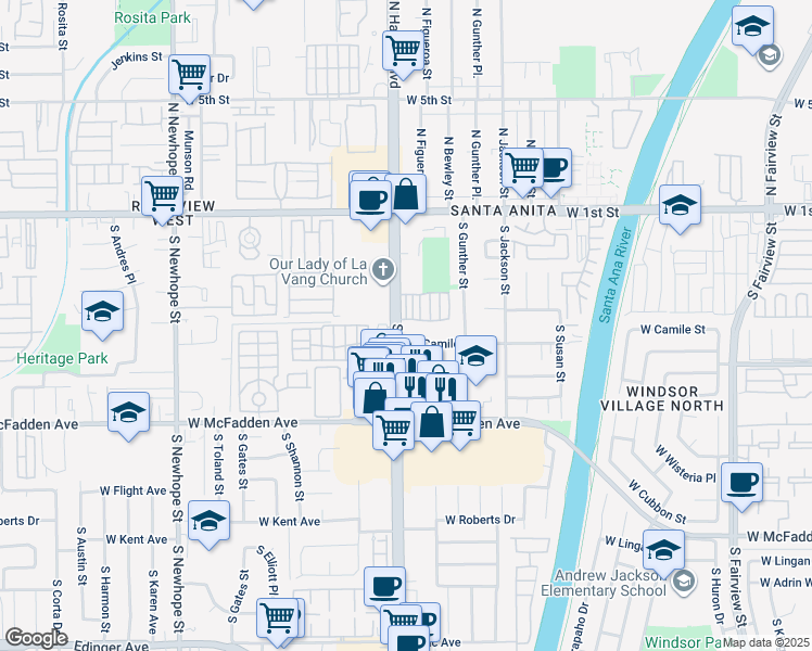 map of restaurants, bars, coffee shops, grocery stores, and more near 427 South Harbor Boulevard in Santa Ana