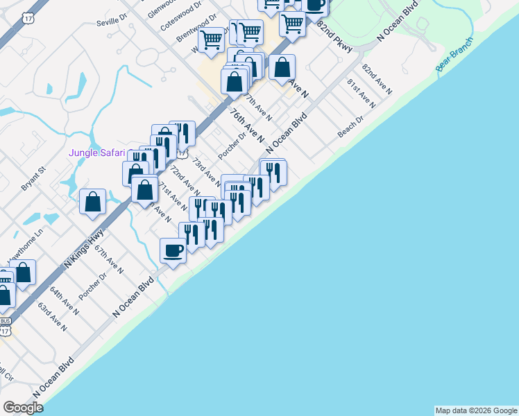 map of restaurants, bars, coffee shops, grocery stores, and more near 315 Shuffleboard Court in Myrtle Beach