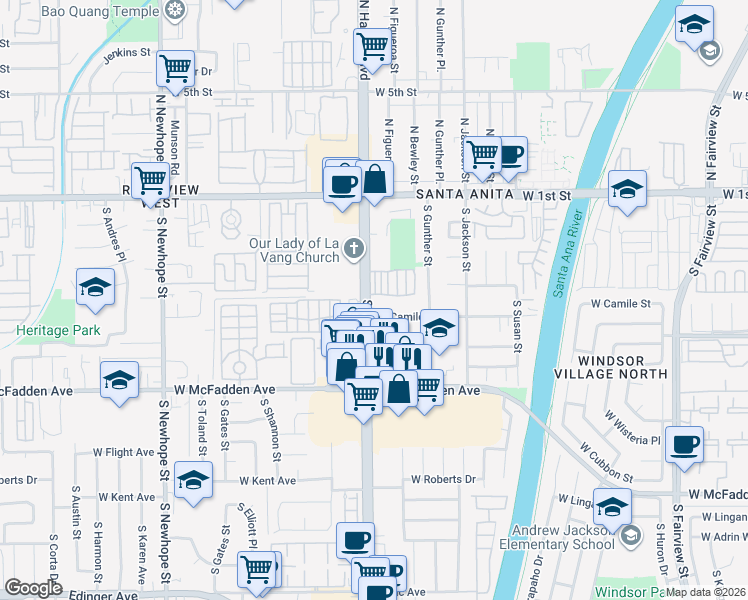 map of restaurants, bars, coffee shops, grocery stores, and more near 411 South Harbor Boulevard in Santa Ana