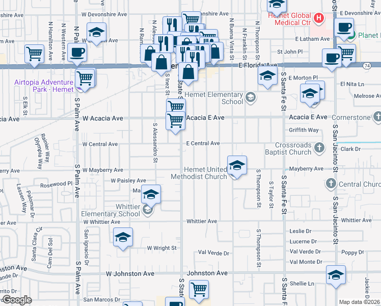map of restaurants, bars, coffee shops, grocery stores, and more near 421 South Harvard Street in Hemet