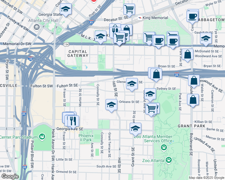 map of restaurants, bars, coffee shops, grocery stores, and more near 252 Sydney Street Southeast in Atlanta
