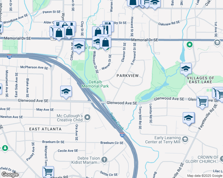 map of restaurants, bars, coffee shops, grocery stores, and more near 443 South Howard Street Southeast in Atlanta