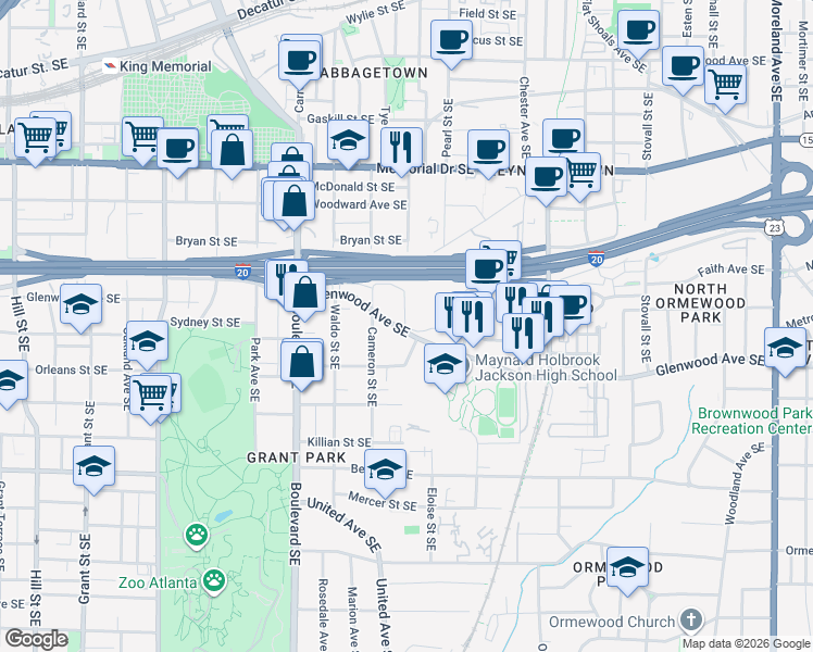map of restaurants, bars, coffee shops, grocery stores, and more near 709 Glenwood Avenue Southeast in Atlanta