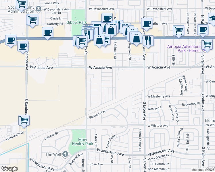 map of restaurants, bars, coffee shops, grocery stores, and more near 2205 West Acacia Avenue in Hemet