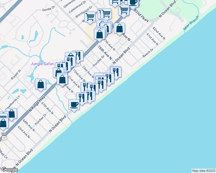 map of restaurants, bars, coffee shops, grocery stores, and more near 201 74th Avenue North in Myrtle Beach