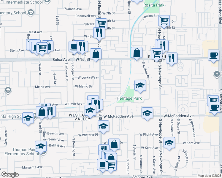 map of restaurants, bars, coffee shops, grocery stores, and more near 507 South Euclid Street in Santa Ana