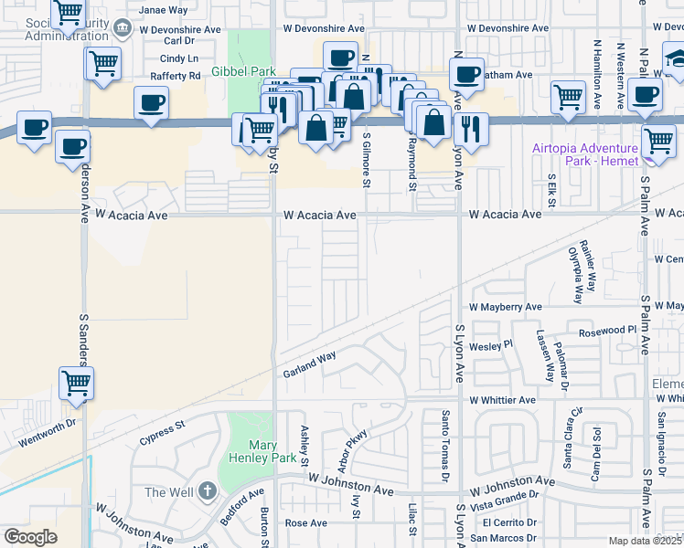 map of restaurants, bars, coffee shops, grocery stores, and more near 2205 West Acacia Avenue in Hemet