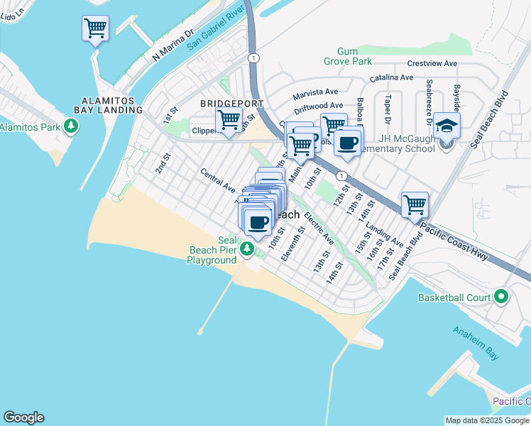 map of restaurants, bars, coffee shops, grocery stores, and more near in Seal Beach