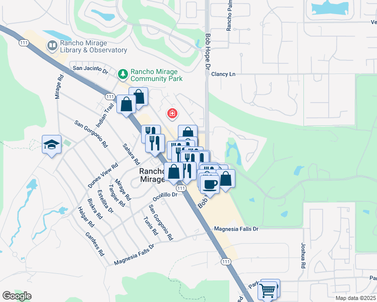 map of restaurants, bars, coffee shops, grocery stores, and more near 71800 California 111 in Rancho Mirage