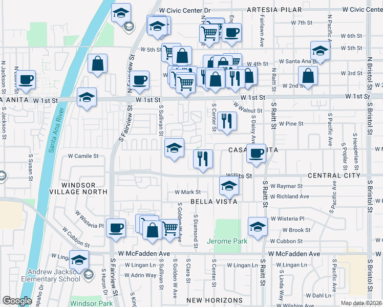 map of restaurants, bars, coffee shops, grocery stores, and more near 405 South Clara Street in Santa Ana