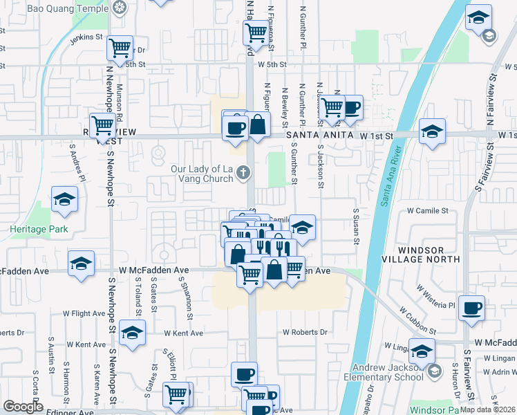 map of restaurants, bars, coffee shops, grocery stores, and more near 411 South Harbor Boulevard in Santa Ana