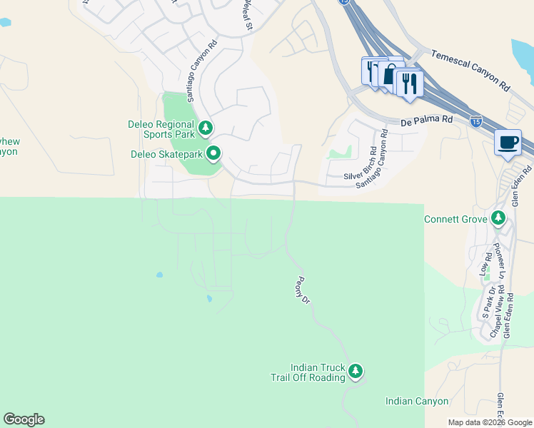 map of restaurants, bars, coffee shops, grocery stores, and more near 26187 Gentry Avenue in Corona