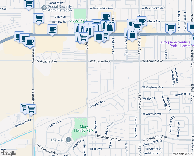 map of restaurants, bars, coffee shops, grocery stores, and more near 2371 Palmdale Circle in Hemet