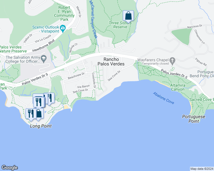 map of restaurants, bars, coffee shops, grocery stores, and more near 44 Sea Cove Drive in Rancho Palos Verdes