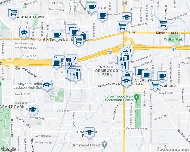 map of restaurants, bars, coffee shops, grocery stores, and more near 462 Stovall Street Southeast in Atlanta