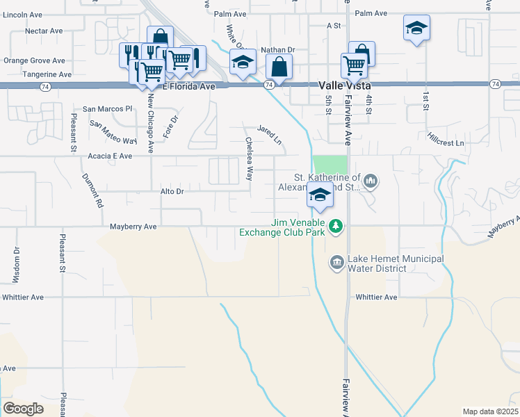 map of restaurants, bars, coffee shops, grocery stores, and more near 43678 Pioneer Avenue in Hemet