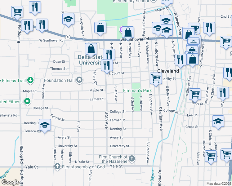 map of restaurants, bars, coffee shops, grocery stores, and more near 301 South 4th Avenue in Cleveland