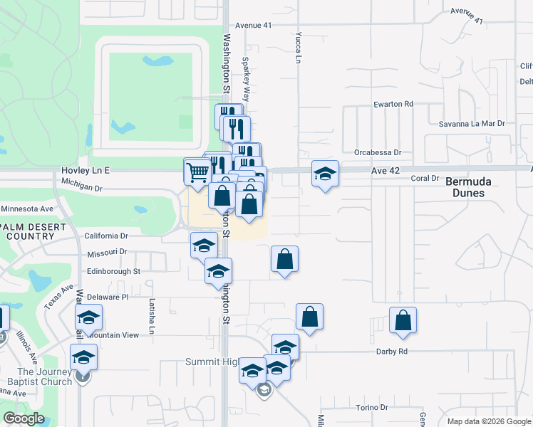 map of restaurants, bars, coffee shops, grocery stores, and more near 78136 Desert Mountain Circle in Bermuda Dunes