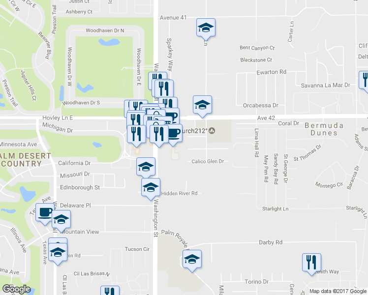 map of restaurants, bars, coffee shops, grocery stores, and more near 78136 Desert Mountain Circle in Bermuda Dunes