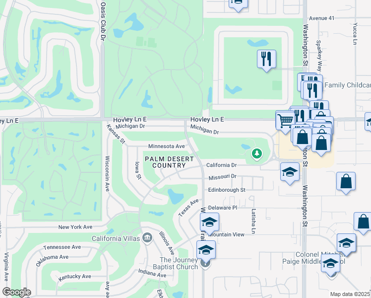 map of restaurants, bars, coffee shops, grocery stores, and more near 77385 Minnesota Avenue in Palm Desert