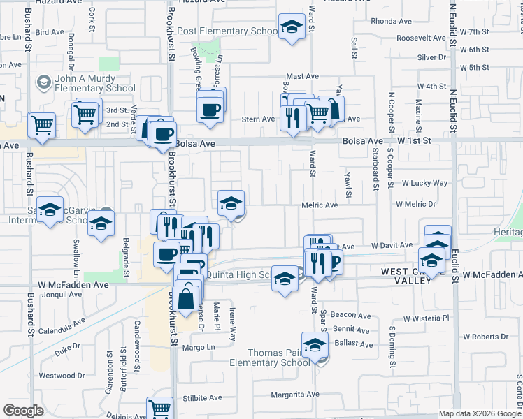 map of restaurants, bars, coffee shops, grocery stores, and more near 10312 Melric Avenue in Westminster