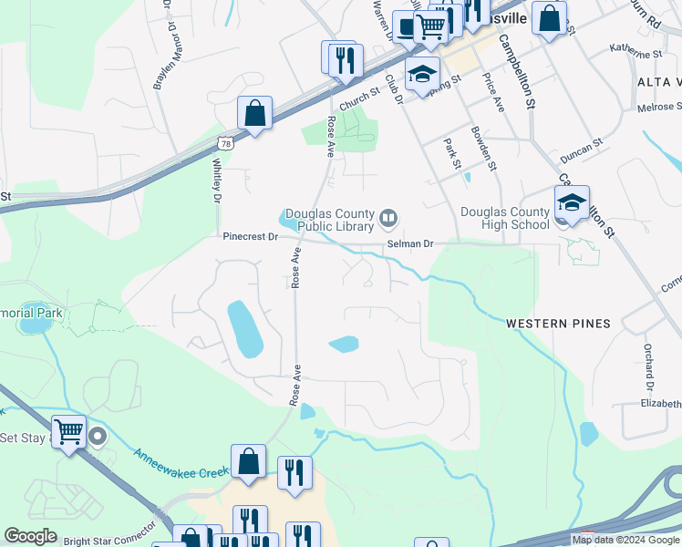 map of restaurants, bars, coffee shops, grocery stores, and more near 8834 West Hills Court in Douglasville